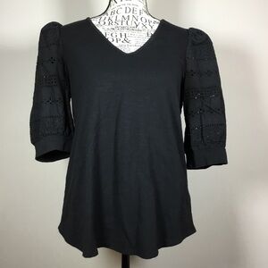Status black vee neck top with Eyelit lace puff sleeve sz S witchy whimsygoth